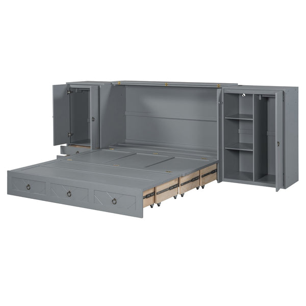 HomeRoots Gray Wood Queen Murphy Bed with USB Charging - Space-Saving Elegance for Guest Rooms & Studios 596478