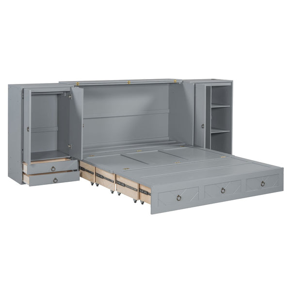 HomeRoots Gray Wood Queen Murphy Bed with USB Charging - Space-Saving Elegance for Guest Rooms & Studios 596478
