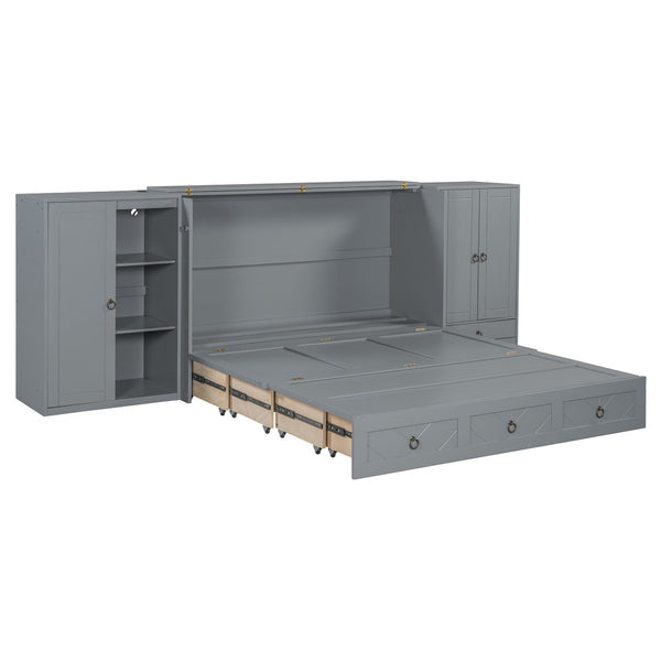 HomeRoots Gray Wood Queen Murphy Bed with USB Charging - Space-Saving Elegance for Guest Rooms & Studios 596478