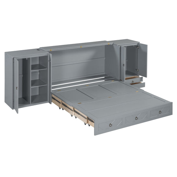 HomeRoots Gray Wood Queen Murphy Bed with USB Charging - Space-Saving Elegance for Guest Rooms & Studios 596478