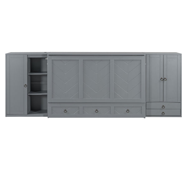HomeRoots Gray Wood Queen Murphy Bed with USB Charging - Space-Saving Elegance for Guest Rooms & Studios 596478