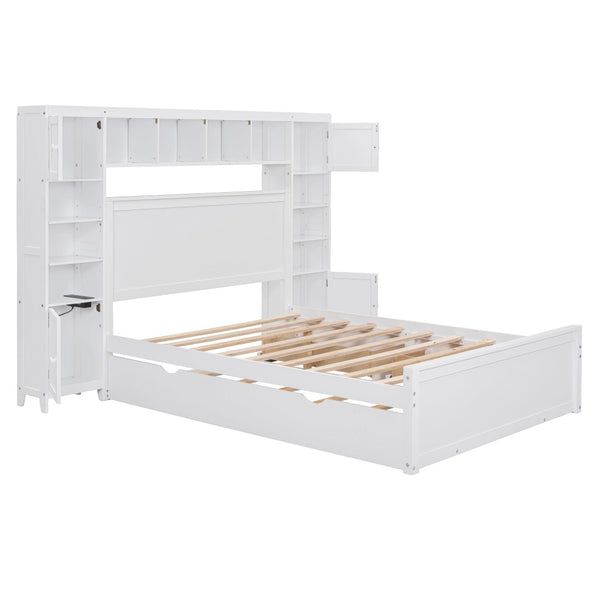 HomeRoots White Wood Full Bed Frame with Pull-Out Trundle - Elegant Design, Space-Saving, Durable Style! 596481