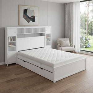 HomeRoots White Wood Full Bed Frame with Pull-Out Trundle - Elegant Design, Space-Saving, Durable Style! 596481