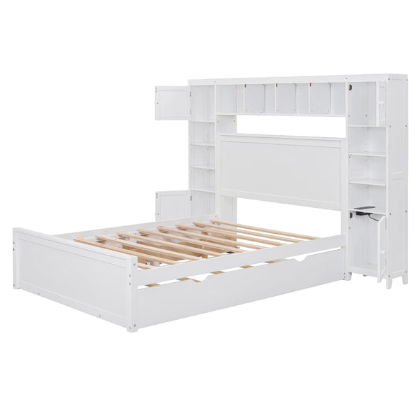 HomeRoots White Wood Full Bed Frame with Pull-Out Trundle - Elegant Design, Space-Saving, Durable Style! 596481