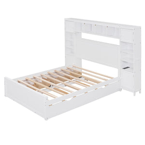 HomeRoots White Wood Full Bed Frame with Pull-Out Trundle - Elegant Design, Space-Saving, Durable Style! 596481