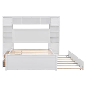 HomeRoots White Wood Full Bed Frame with Pull-Out Trundle - Elegant Design, Space-Saving, Durable Style! 596481
