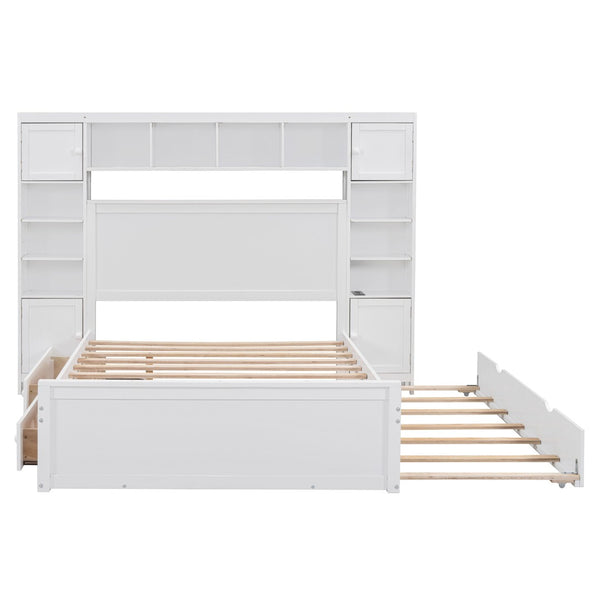 HomeRoots White Wood Full Bed Frame with Pull-Out Trundle - Elegant Design, Space-Saving, Durable Style! 596481