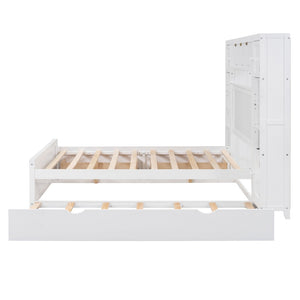 HomeRoots White Wood Full Bed Frame with Pull-Out Trundle - Elegant Design, Space-Saving, Durable Style! 596481