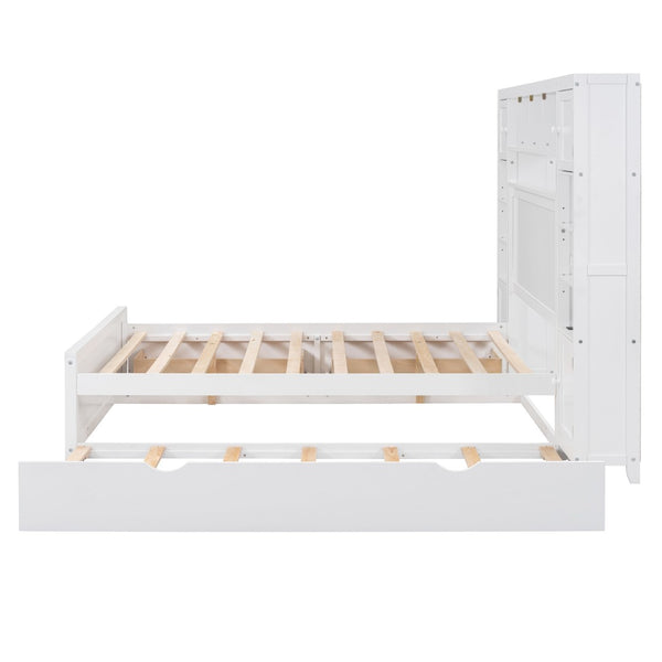 HomeRoots White Wood Full Bed Frame with Pull-Out Trundle - Elegant Design, Space-Saving, Durable Style! 596481
