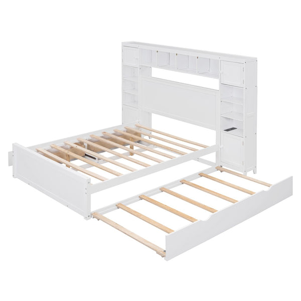 HomeRoots White Wood Full Bed Frame with Pull-Out Trundle - Elegant Design, Space-Saving, Durable Style! 596481