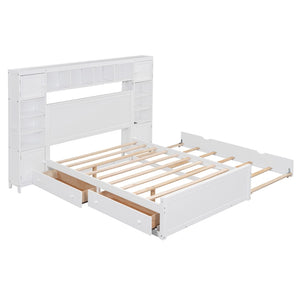 HomeRoots White Wood Full Bed Frame with Pull-Out Trundle - Elegant Design, Space-Saving, Durable Style! 596481