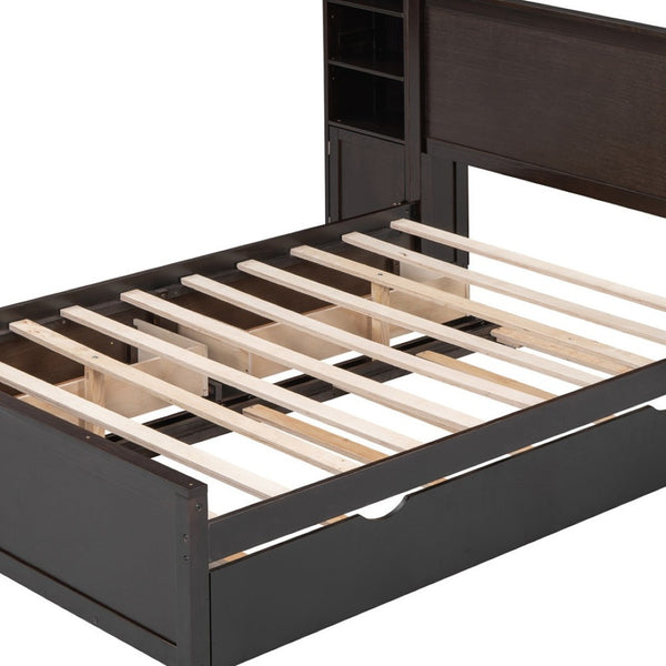HomeRoots Espresso Wood Full Bed Frame with Space-Saving Trundle for Stylish Comfort and Versatile Storage 596482