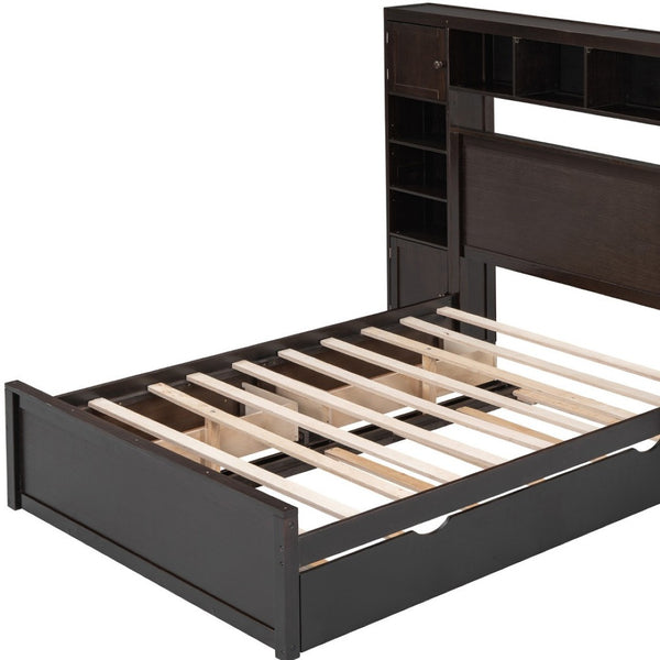 HomeRoots Espresso Wood Full Bed Frame with Space-Saving Trundle for Stylish Comfort and Versatile Storage 596482