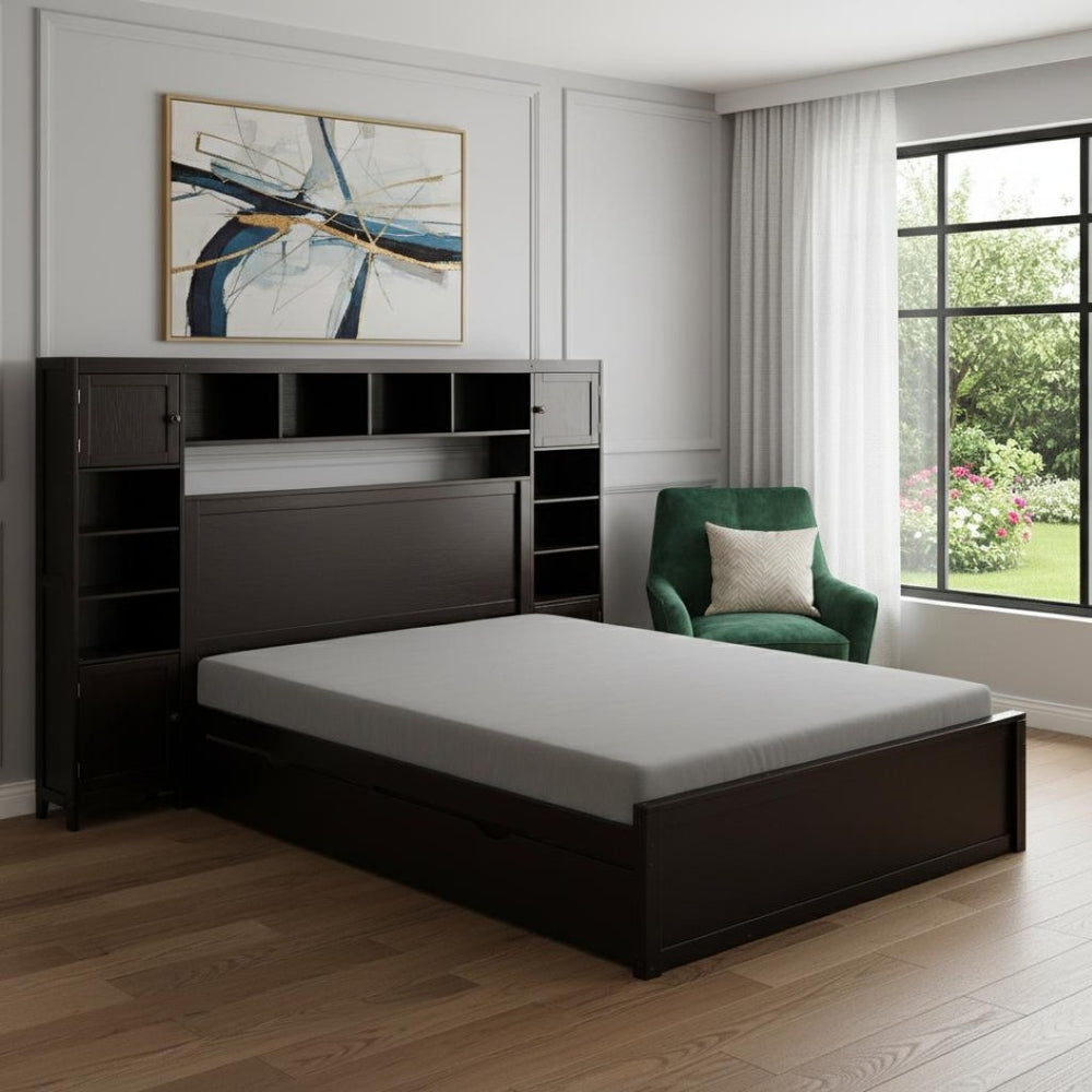 HomeRoots Espresso Wood Full Bed Frame with Space-Saving Trundle for Stylish Comfort and Versatile Storage 596482