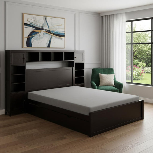 HomeRoots Espresso Wood Full Bed Frame with Space-Saving Trundle for Stylish Comfort and Versatile Storage 596482