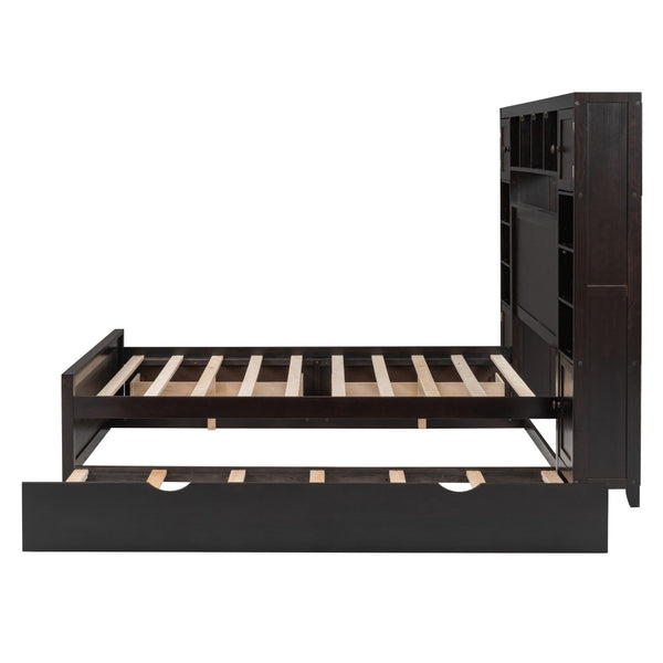 HomeRoots Espresso Wood Full Bed Frame with Space-Saving Trundle for Stylish Comfort and Versatile Storage 596482