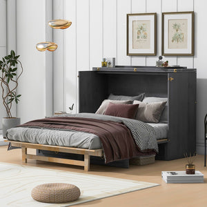 HomeRoots Gray Wood Full Murphy Bed with USB Port - Stylish Space-Saving Cabinet Design for Modern Living Spaces 596485