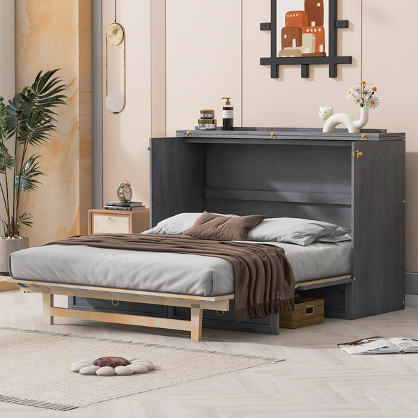 HomeRoots Gray Wood Queen Murphy Bed – Space-Saving Design, Stylish Cabinet, Perfect for Small Rooms & Studios 596487