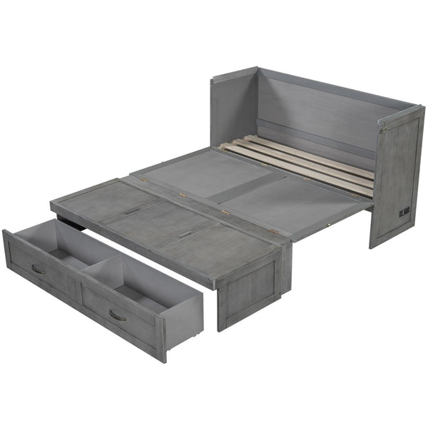 HomeRoots Gray Wood Queen Murphy Bed - Stylish Space-Saving Design with USB Charging for Small Rooms 596495