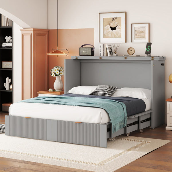 HomeRoots Gray Wood Full Murphy Bed with USB Port – Space-Saving, Stylish, and Functional Solution for Any Room 596498