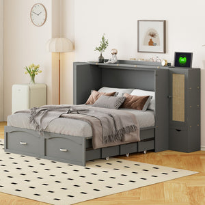 HomeRoots Gray Wood Full Murphy Bed with USB Charging - Space-Saving Design for Stylish Guest Rooms & Offices 596501