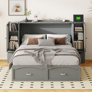 HomeRoots Gray Wood Full Murphy Bed with USB Charging - Space-Saving Design for Stylish Guest Rooms & Offices 596501