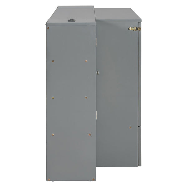 HomeRoots Gray Wood Full Murphy Bed with USB Charging - Space-Saving Design for Stylish Guest Rooms & Offices 596501