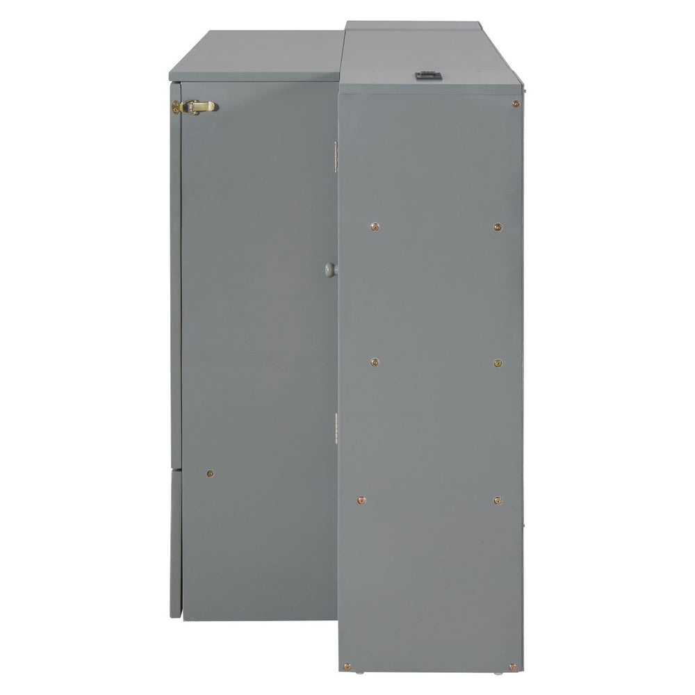 HomeRoots Gray Wood Full Murphy Bed with USB Charging - Space-Saving Design for Stylish Guest Rooms & Offices 596501