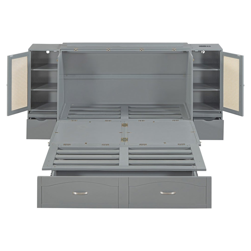 HomeRoots Gray Wood Full Murphy Bed with USB Charging - Space-Saving Design for Stylish Guest Rooms & Offices 596501