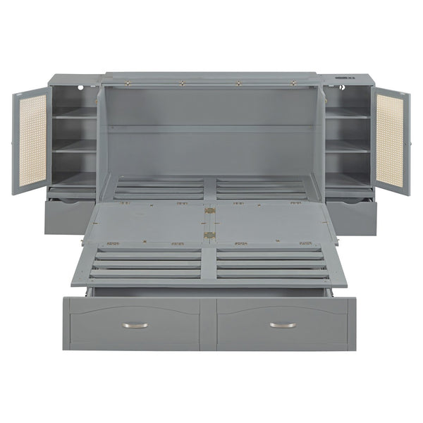HomeRoots Gray Wood Full Murphy Bed with USB Charging - Space-Saving Design for Stylish Guest Rooms & Offices 596501