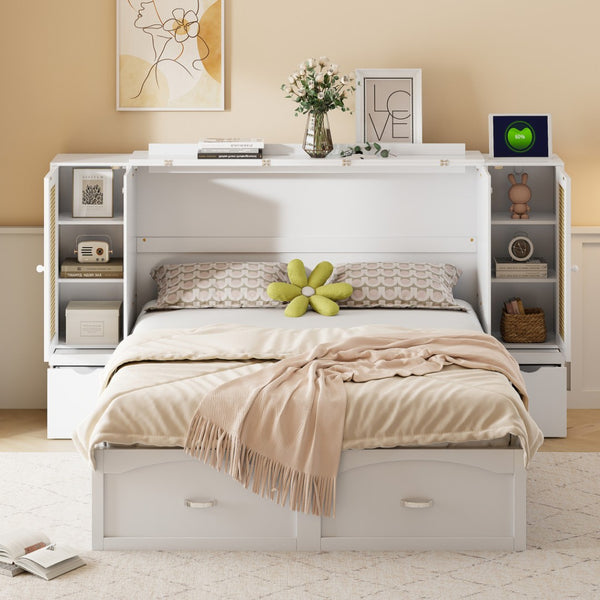 HomeRoots White Wood Full Murphy Bed with USB Port – Space-Saving Design for Stylish Small Rooms & Guest Use 596502