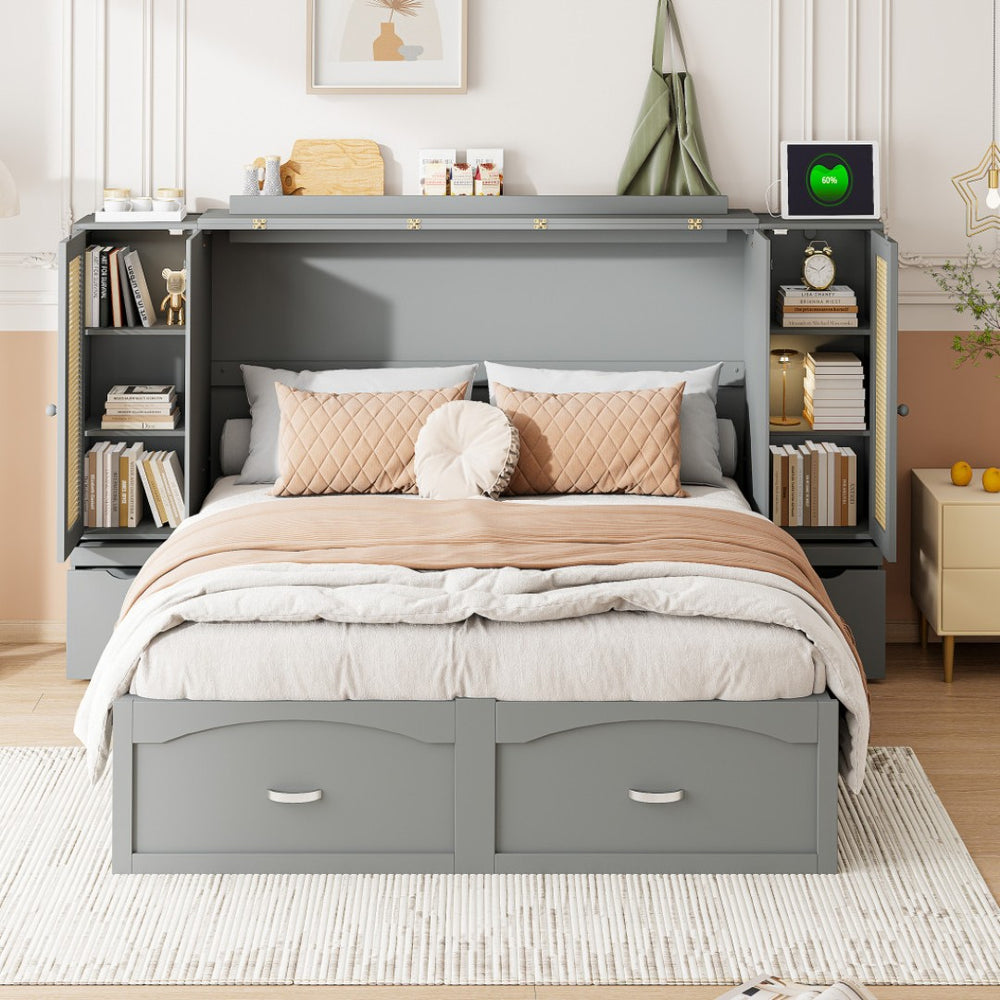 HomeRoots Gray Wood Queen Murphy Bed with USB Port – Stylish, Space-Saving Solution for Modern Homes & Studios 596503