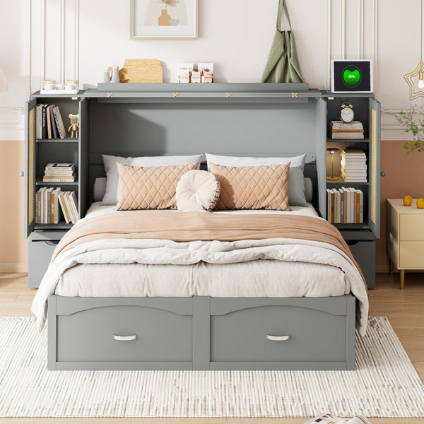 HomeRoots Gray Wood Queen Murphy Bed with USB Port – Stylish, Space-Saving Solution for Modern Homes & Studios 596503
