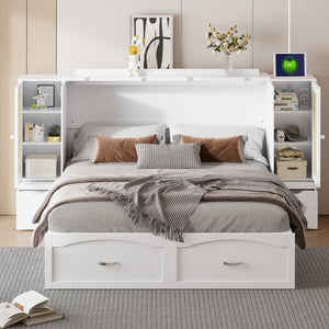 HomeRoots White Wood Queen Murphy Bed with USB Charging – Stylish, Space-Saving Comfort for Any Room! 596504