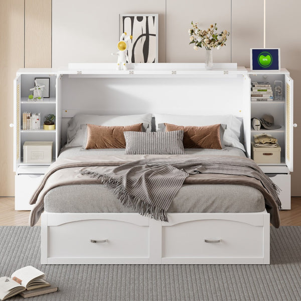 HomeRoots White Wood Queen Murphy Bed with USB Charging – Stylish, Space-Saving Comfort for Any Room! 596504