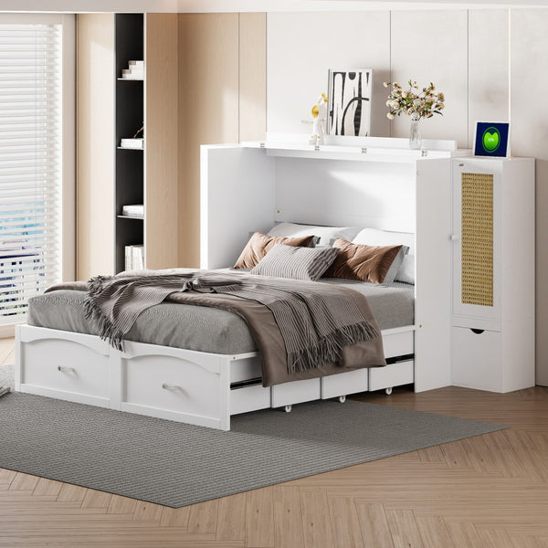 HomeRoots White Wood Queen Murphy Bed with USB Charging – Stylish, Space-Saving Comfort for Any Room! 596504