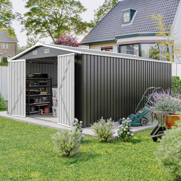 English Elm Campcraft Galvanized Steel Outdoor Storage Shed with Lockable Doors and Four Air Vents Dark Gray W1598S00022