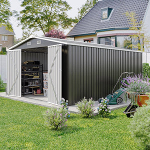 English Elm Campcraft Metal Storage Shed 10x14 Ft with Lockable Doors Vented Sloped Roof Backyard Dark Gray W1598S00051
