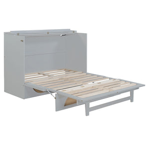 HomeRoots Gray Wood Full Murphy Bed with USB - Space-Saving Design, Stylish Cabinet, Perfect for Small Rooms! 596505