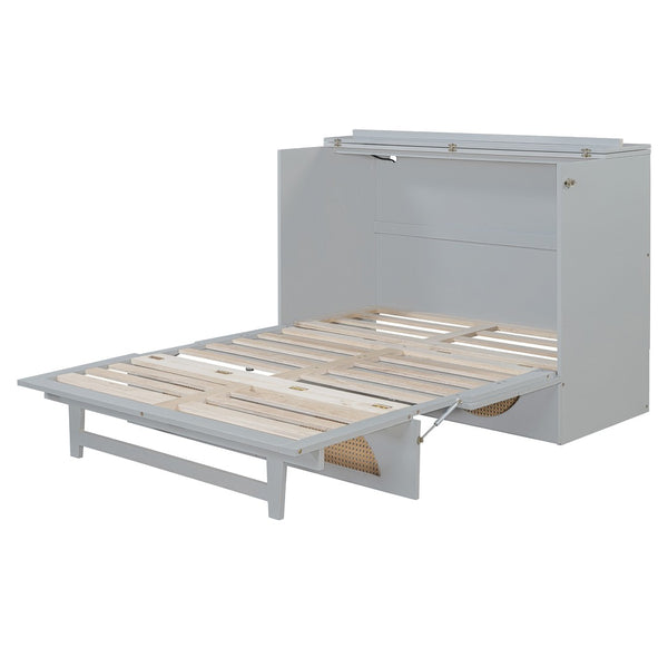 HomeRoots Gray Wood Full Murphy Bed with USB - Space-Saving Design, Stylish Cabinet, Perfect for Small Rooms! 596505