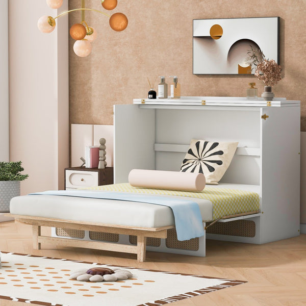 HomeRoots White Wood Full Murphy Bed - Space-Saving Design for Guest Rooms, Stylish Cabinet Storage, Durable Comfort 596514