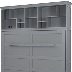HomeRoots Gray Wood Queen Murphy Bed - Stylish Space-Saving Cabinet with USB Charging for Modern Living Spaces 596525