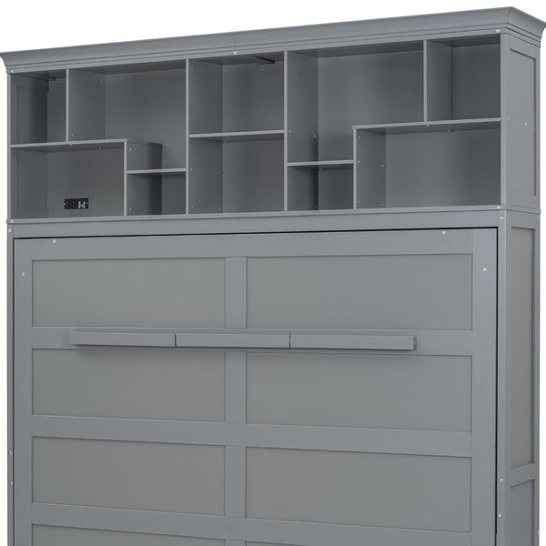 HomeRoots Gray Wood Queen Murphy Bed - Stylish Space-Saving Cabinet with USB Charging for Modern Living Spaces 596525