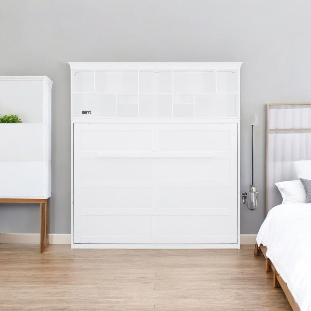 HomeRoots White Wood Queen Murphy Bed with USB Charging – Elegant Space-Saving Design for Modern Living 596526