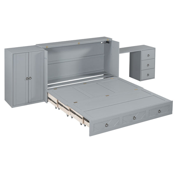 HomeRoots Gray Wood Queen Murphy Bed with Integrated USB Charging - Space-Saving Design for Modern Living! 596527