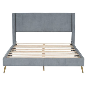 HomeRoots Gray Tufted Corduroy Queen Bed Frame – Stylish Comfort, Supportive Slats & Luxe Design for Sleep Bliss 596530