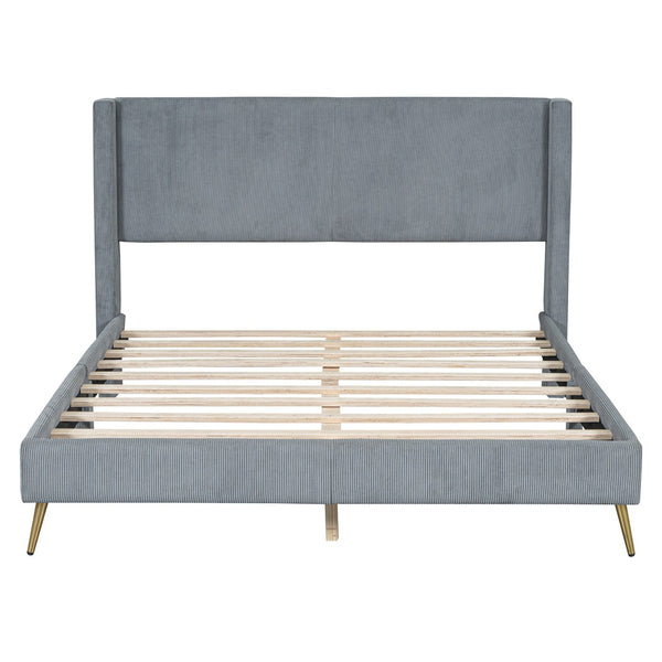 HomeRoots Gray Tufted Corduroy Queen Bed Frame – Stylish Comfort, Supportive Slats & Luxe Design for Sleep Bliss 596530