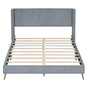 HomeRoots Gray Tufted Corduroy Queen Bed Frame – Stylish Comfort, Supportive Slats & Luxe Design for Sleep Bliss 596530