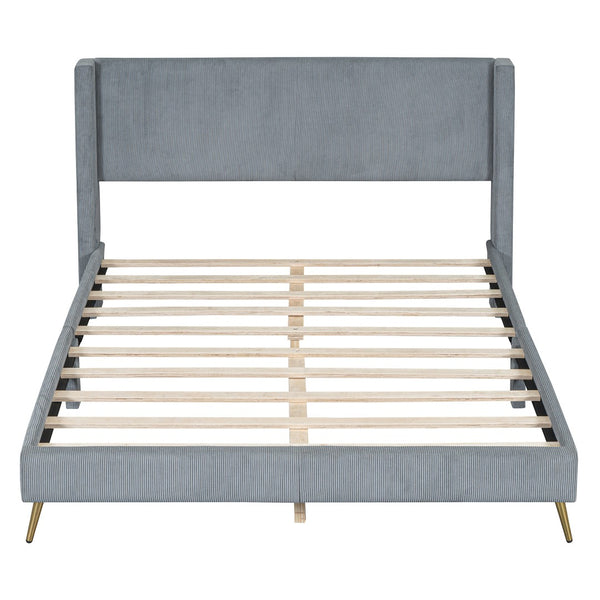 HomeRoots Gray Tufted Corduroy Queen Bed Frame – Stylish Comfort, Supportive Slats & Luxe Design for Sleep Bliss 596530