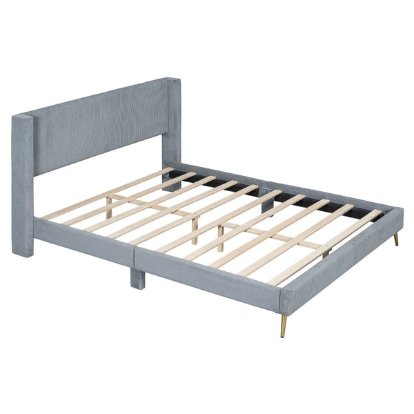 HomeRoots Gray Tufted Corduroy Queen Bed Frame – Stylish Comfort, Supportive Slats & Luxe Design for Sleep Bliss 596530